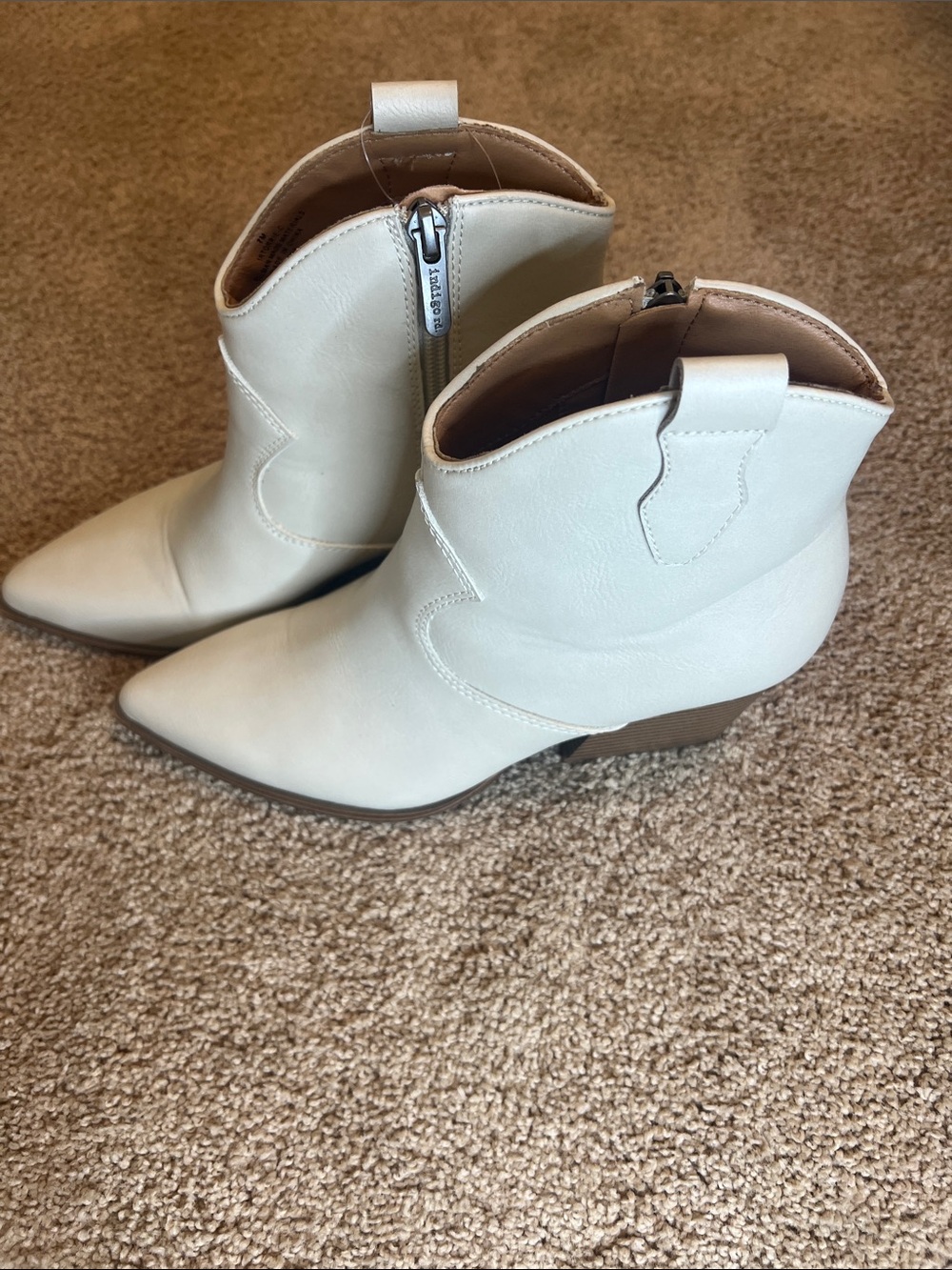 Indigo Cream Pointed Toe Ankle Booties with Side Zip